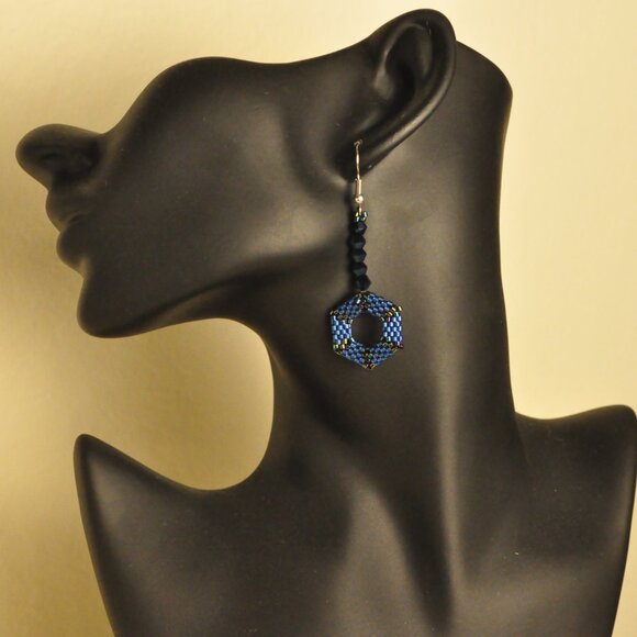 Blue Hexagon Beaded Earrings - Picture 2 of 6